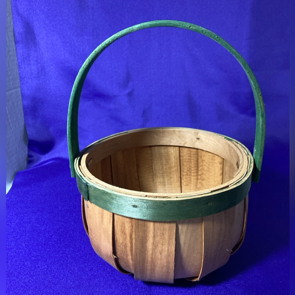Rustic Wooden Basket with Green Handle Farmhouse VINTAGE